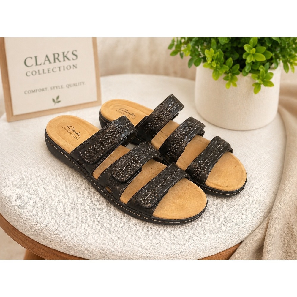 Clarks Collection Brinkley Flora Pewter‎ Metallic Adjustable Slide Sandals 9.5